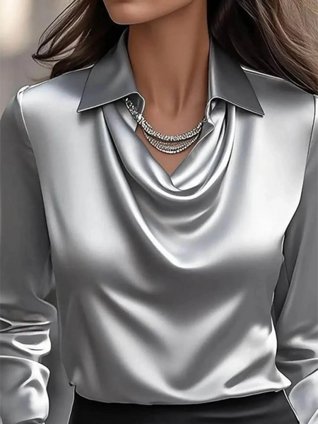 Satin Glam Girl Cowl Neck Blouse in silver with shiny satin fabric and draped collar design