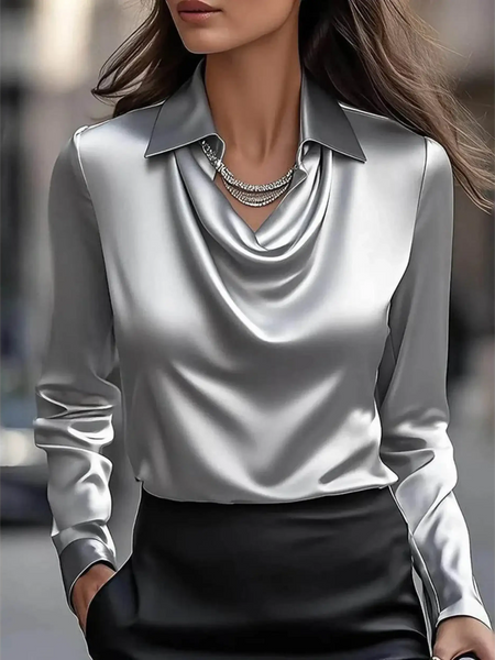 Satin Glam Girl Cowl Neck Blouse in silver satin with long sleeves and draped neckline