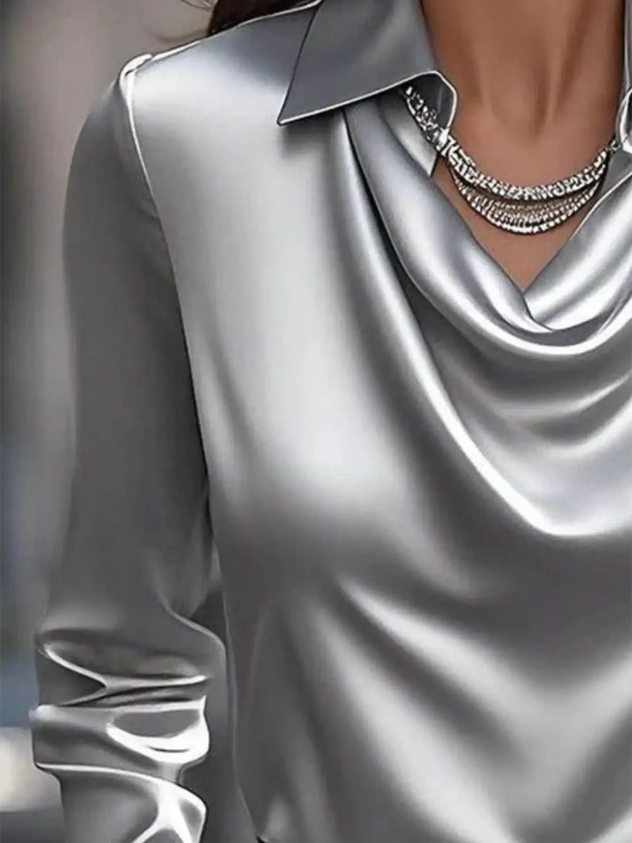 Satin Glam Girl Cowl Neck Blouse by Babe Beachwear in silver satin fabric with draped neckline