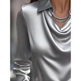 Satin Glam Girl Cowl Neck Blouse by Babe Beachwear in silver satin fabric with draped neckline