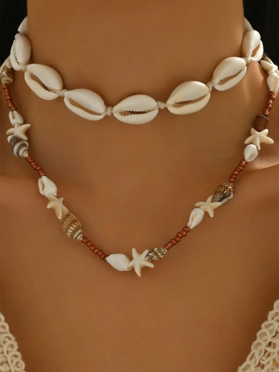 Trendsi seashell layered necklace for beach featuring white shell choker and beaded starfish design