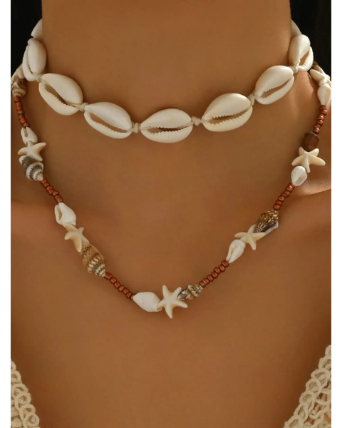 Trendsi seashell layered necklace for beach featuring white shell choker and beaded starfish design