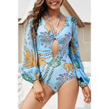 Beach Babes sexty cutout long sleeve swimsuit in blue with floral print and front keyhole design