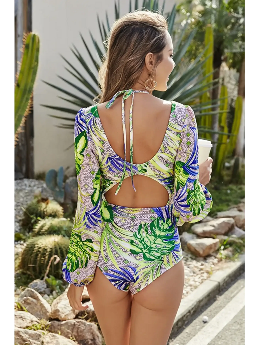 Beach Babes sexty cutout long sleeve swimsuit with tropical leaf print and open back design