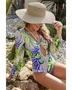 Beach Babes sexty cutout long sleeve swimsuit with vibrant green and purple tropical print