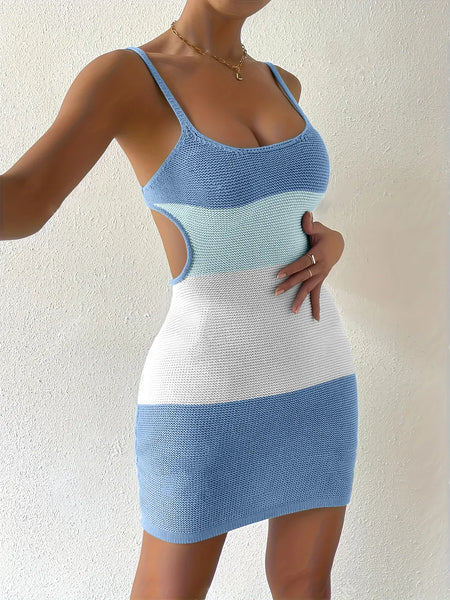 Trendsi Sexy Beach Mini Dress Tight Knit Color Block Dress in blue white and light blue with cutout sides