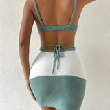 Back view of Sexy Beach Mini Dress Tight Knit Color Block Dress in green and white on a model
