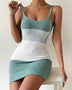 Trendsi Sexy Beach Mini Dress Tight Knit Color Block Dress in green and white with thin straps