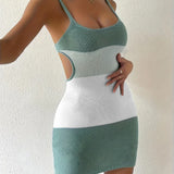 Trendsi Sexy Beach Mini Dress Tight Knit Color Block Dress in green and white with side cutouts