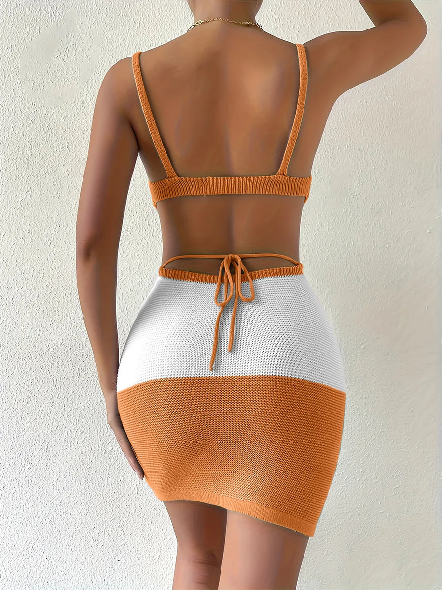 Back view of Sexy Beach Mini Dress Tight Knit Color Block Dress in orange and white by Trendsi