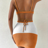 Back view of Sexy Beach Mini Dress Tight Knit Color Block Dress in orange and white by Trendsi