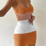 Trendsi Sexy Beach Mini Dress Tight Knit Color Block Dress in orange, pink, and white with cutout sides