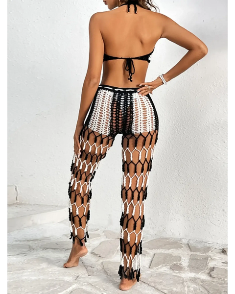 Beach Babes sexy bikini set for women with black and white crochet cover-up pants from back view