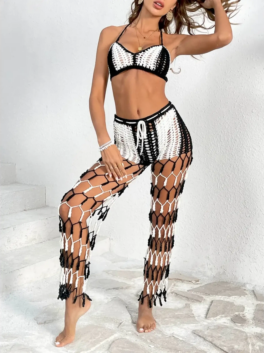 Beach Babes sexy bikini set for women with black and white crochet design and matching netted pants