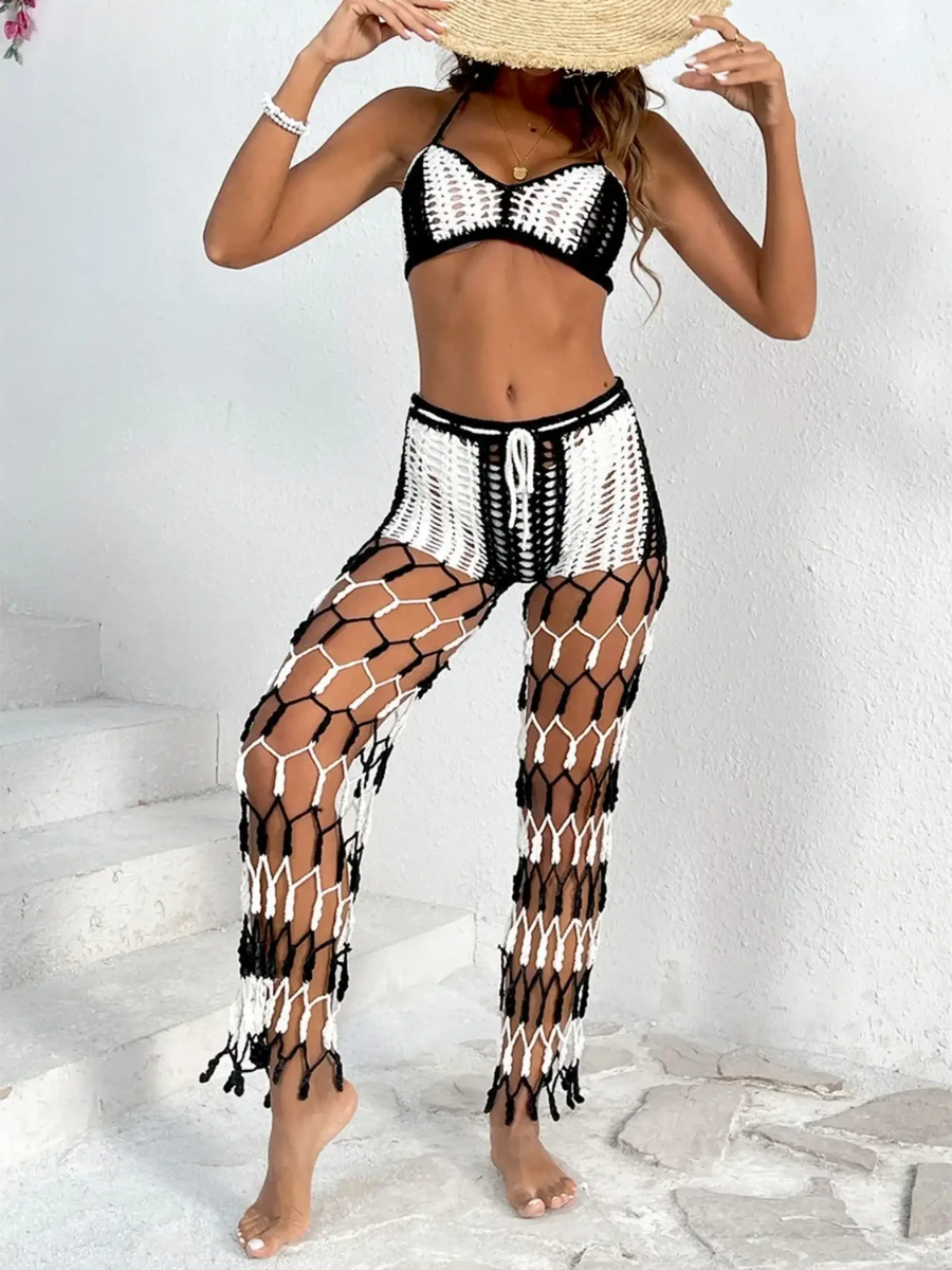 Beach Babes sexy bikini set for women with black and white crochet top and matching netted pantsl