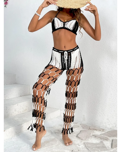 Beach Babes sexy bikini set for women with black and white crochet top and matching netted pantsl