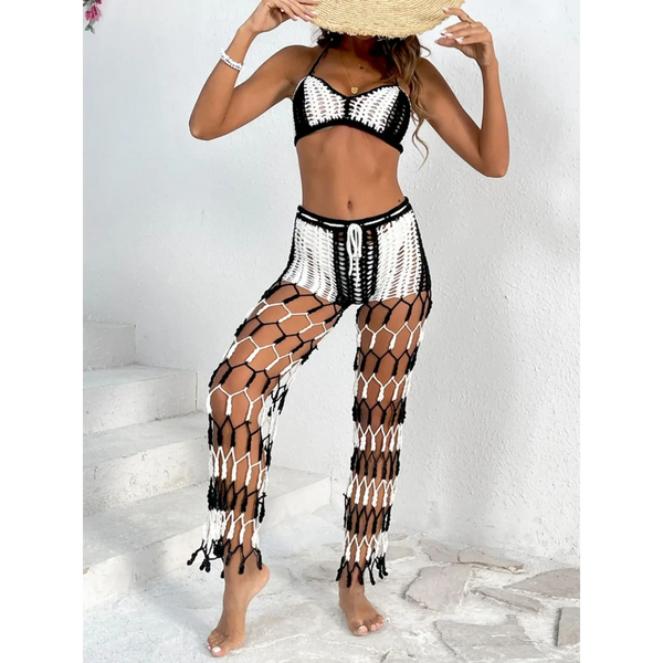 Beach Babes sexy bikini set for women with black and white crochet top and matching netted pantsl