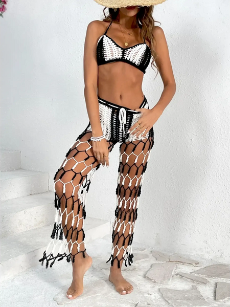 Beach Babes sexy bikini set for women with black and white crochet design and mesh pants