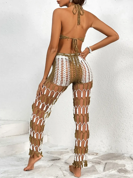 Beach Babes sexy bikini set for women with crochet cover-up pants in white and brown back