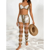 Beach Babes sexy bikini set for women with crochet top and matching high-waisted pants holding a straw hat