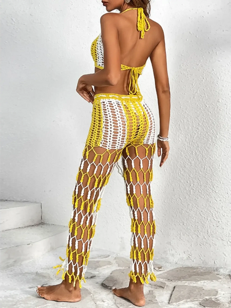Beach Babes sexy bikini set for women with yellow and white crochet cover-up pants and halter top