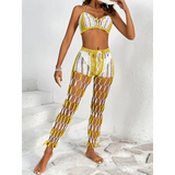 Beach Babes sexy bikini set for women with yellow and white crochet top and matching mesh pants