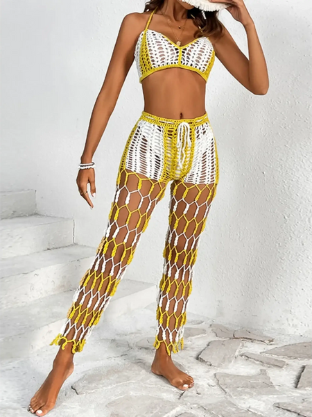 Beach Babes sexy bikini set for women with yellow and white crochet top and matching mesh pants