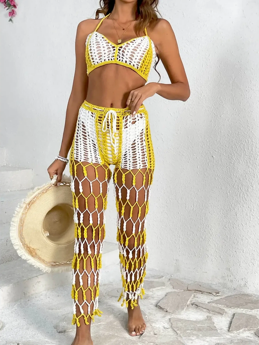 Beach Babes sexy bikini set for women with yellow and white crochet design and matching mesh pants