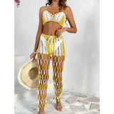 Beach Babes sexy bikini set for women with yellow and white crochet design and matching mesh pants