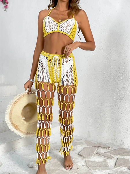 Beach Babes sexy bikini set for women with yellow and white crochet design and matching mesh pants