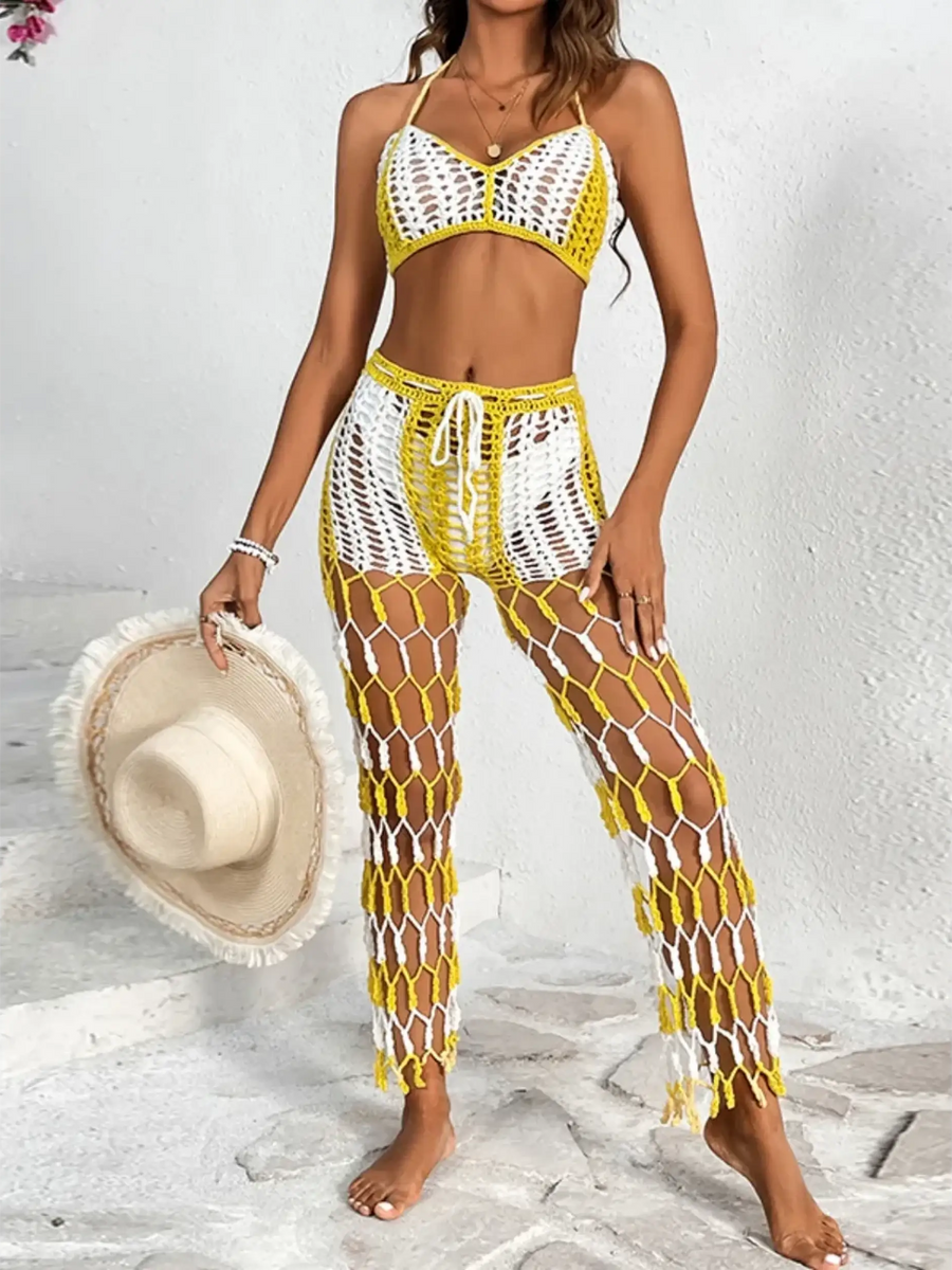 Beach Babes sexy bikini set for women with yellow and white crochet design and matching mesh pants front
