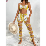 Beach Babes sexy bikini set for women with yellow and white crochet design and matching mesh pants front