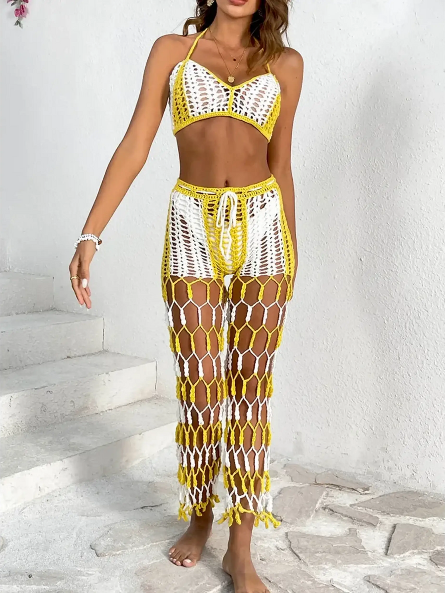 Beach Babes sexy bikini set for women with yellow and white crochet design and matching pants front