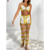 Beach Babes sexy bikini set for women with yellow and white crochet design and matching pants front