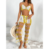Beach Babes sexy bikini set for women with yellow and white crochet design and matching pants