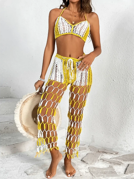 Beach Babes sexy bikini set for women with yellow and white crochet design and matching pants