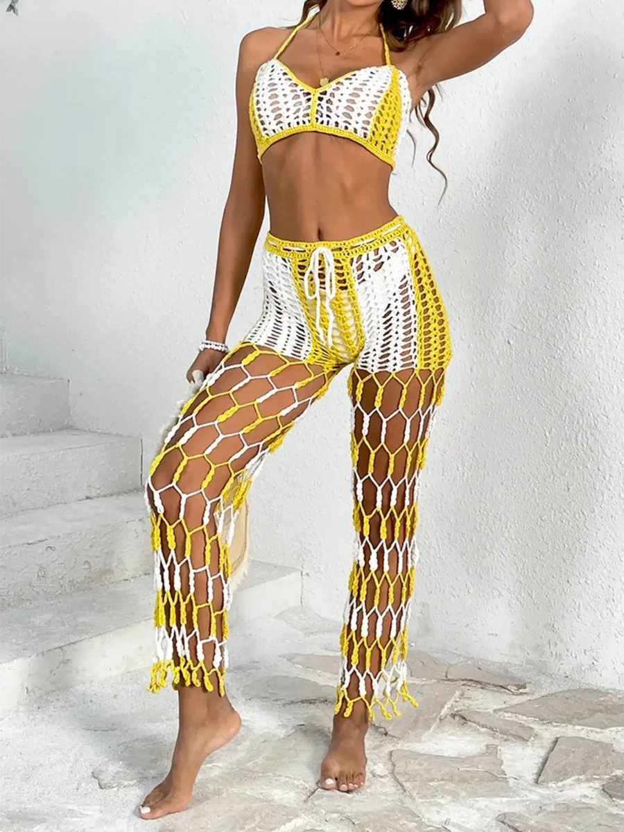 Beach Babes sexy bikini set for women with yellow and white crochet design and matching pants side
