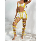 Beach Babes sexy bikini set for women with yellow and white crochet design and matching pants side