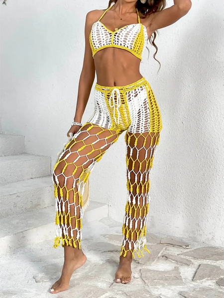 Beach Babes sexy bikini set for women with yellow and white crochet design and matching pants side