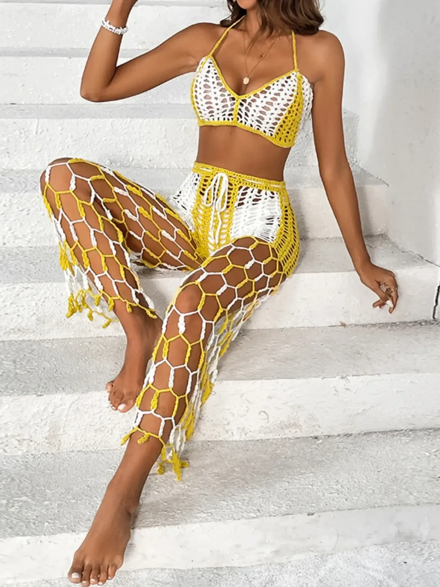 Beach Babes sexy bikini set for women with yellow crochet cover-up pants and matching top