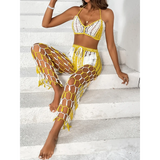 Beach Babes sexy bikini set for women with yellow crochet cover-up pants and matching top