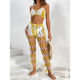 Beach Babes sexy bikini set for women with yellow and white crochet design and matching netted pants
