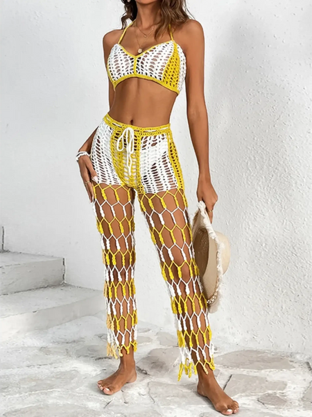 Beach Babes sexy bikini set for women with yellow and white crochet design and matching netted pants