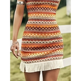 Trendsi Sexy Boho Beach Mini Dress with tribal patterns and fringe hem perfect for summer