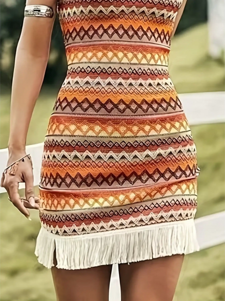 Trendsi Sexy Boho Beach Mini Dress with tribal patterns and fringe hem perfect for summer