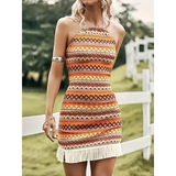 Trendsi Sexy Boho Beach Mini Dress with colorful geometric patterns and fringe hem