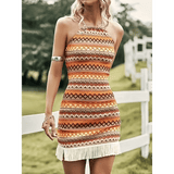 Trendsi Sexy Boho Beach Mini Dress with geometric patterns and fringe trim perfect for summer
