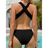 Beach Babes black swimsuit featuring a sexy French cutout back with crossed shoulder straps