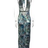 Trendsi Sexy Halter Dress maxi dress with blue abstract pattern and ruched detailing on back