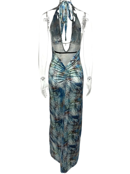 Trendsi Sexy Halter Dress maxi dress with blue abstract pattern and ruched detailing on back
